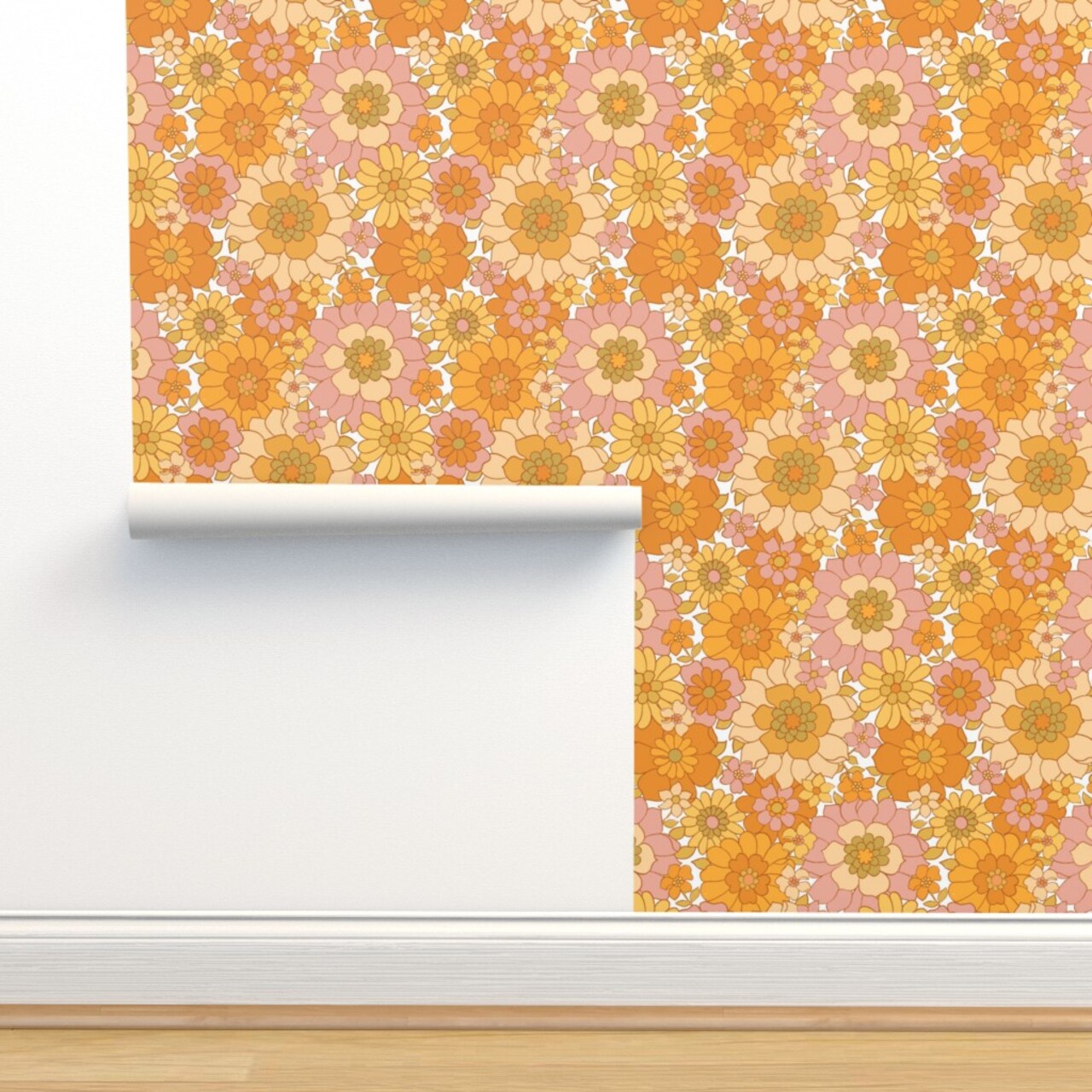 1970S Floral Orange Retro Flowers Vintage Boho 1960S Flower Power Bright Sunny Groovy Custom Pre-pasted Wallpaper by Spoonflower Pre-Pasted Wallpaper 2FT Wide